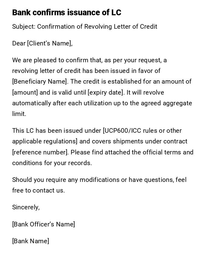 Bank confirms issuance of LC Bank confirms issuance of LC