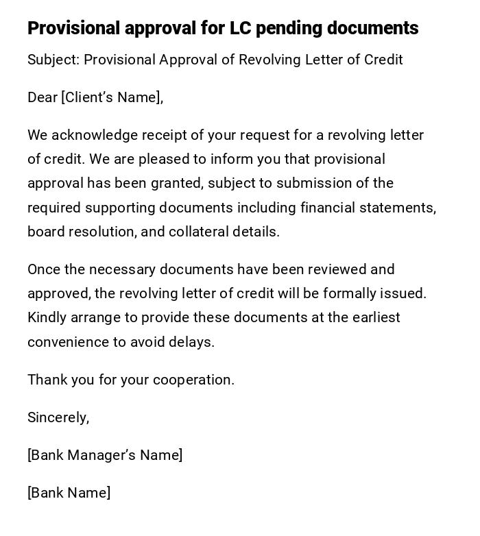 Provisional approval for LC pending documents Provisional approval for LC pending documents