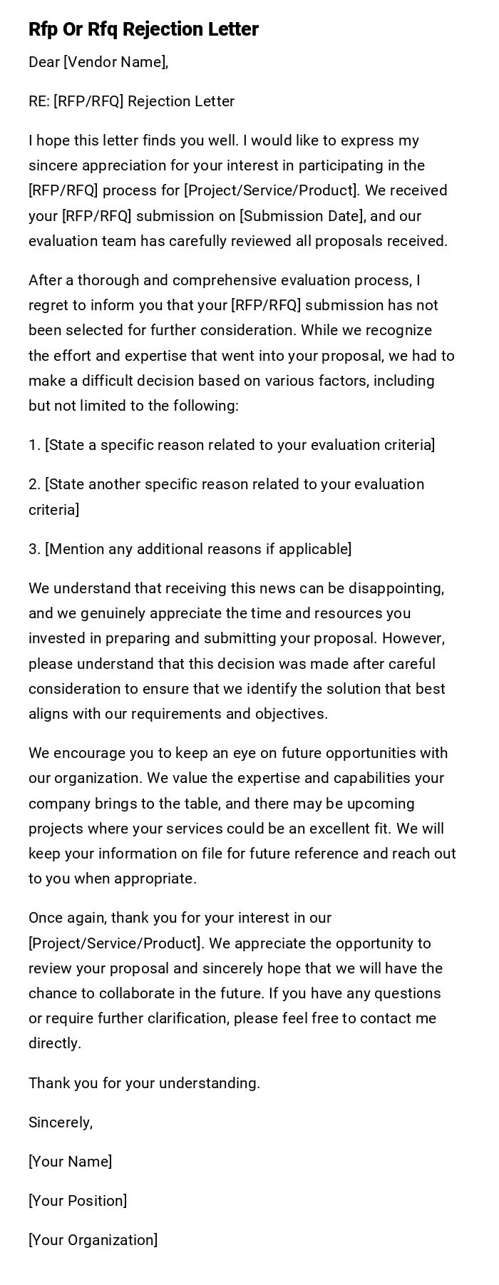 Rfp Or Rfq Rejection Letter