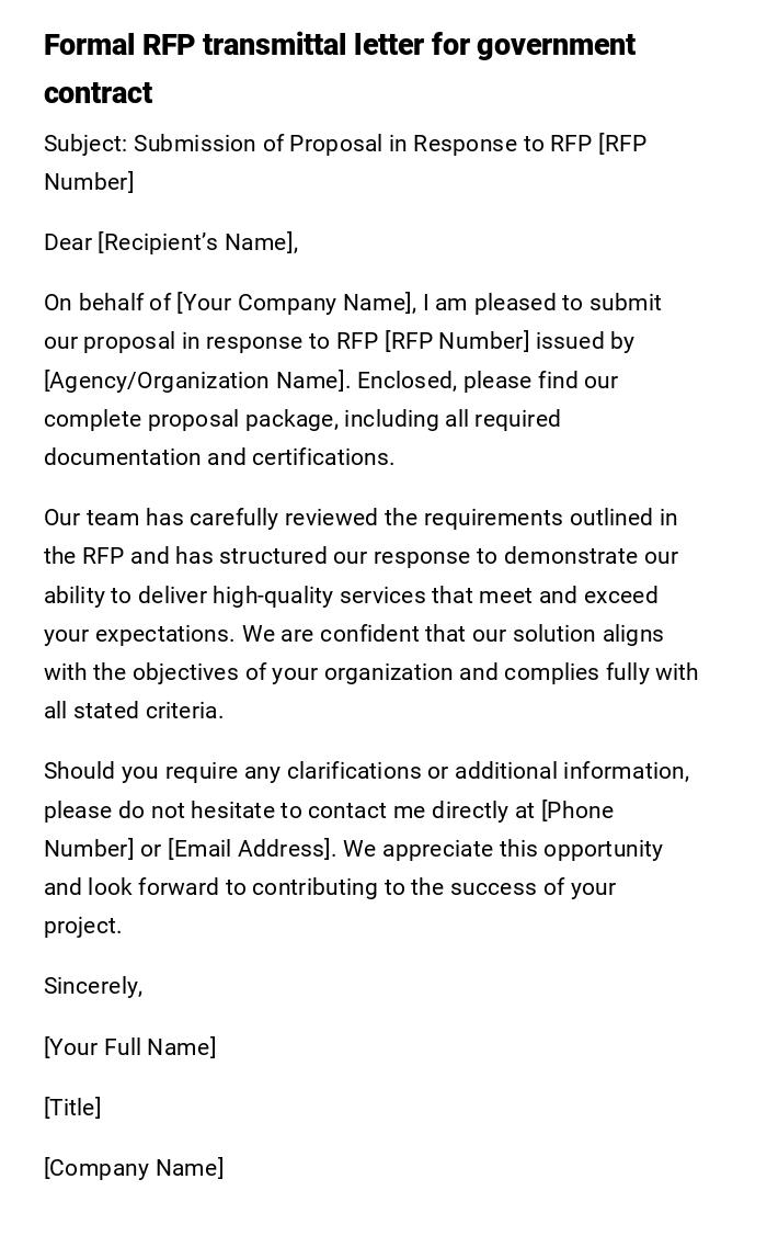 Formal RFP transmittal letter for government contract Formal RFP transmittal letter for government contract