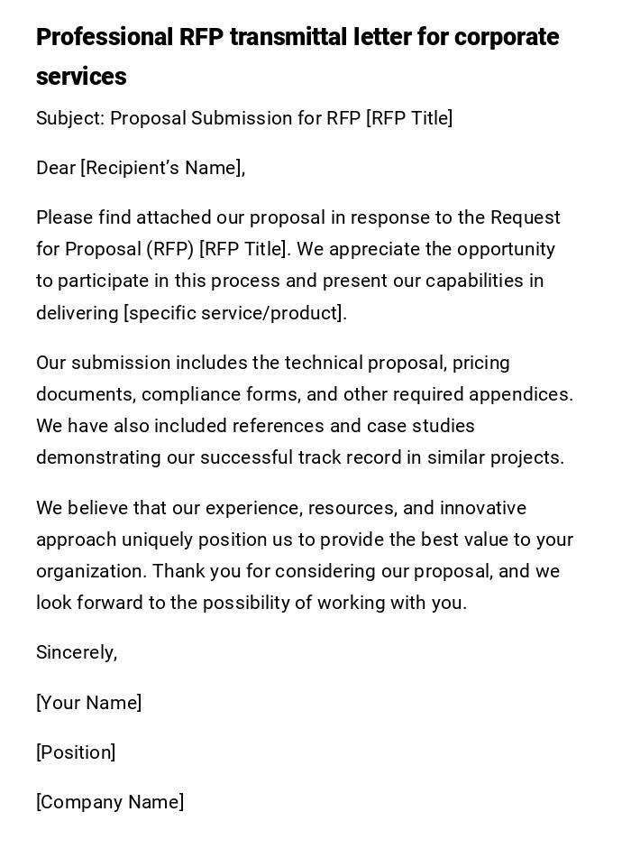 Professional RFP transmittal letter for corporate services Professional RFP transmittal letter for corporate services