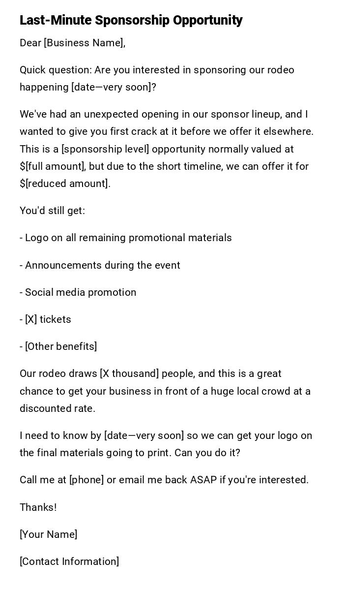 Last-Minute Sponsorship Opportunity Last-Minute Sponsorship Opportunity