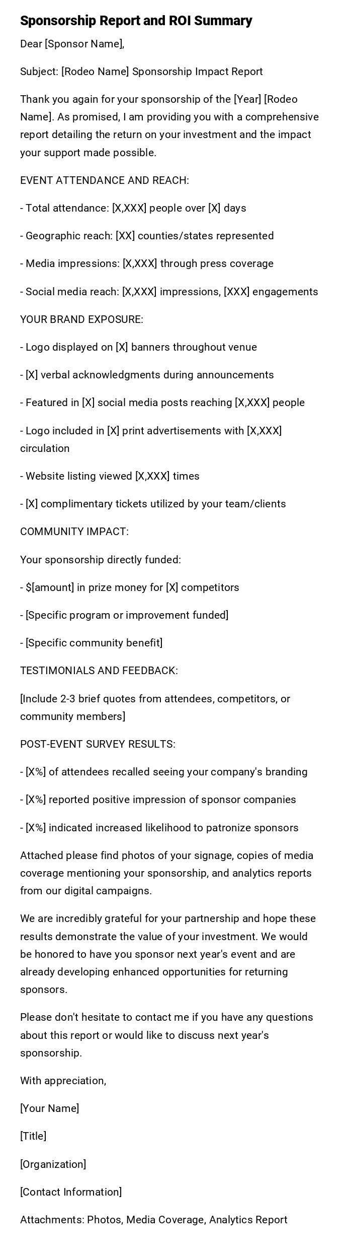 Sponsorship Report and ROI Summary Sponsorship Report and ROI Summary