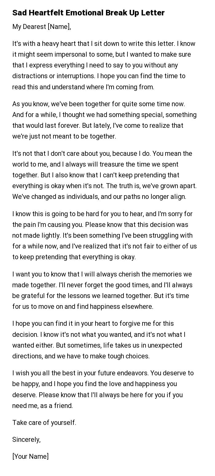 Sad Heartfelt Emotional Break Up Letter