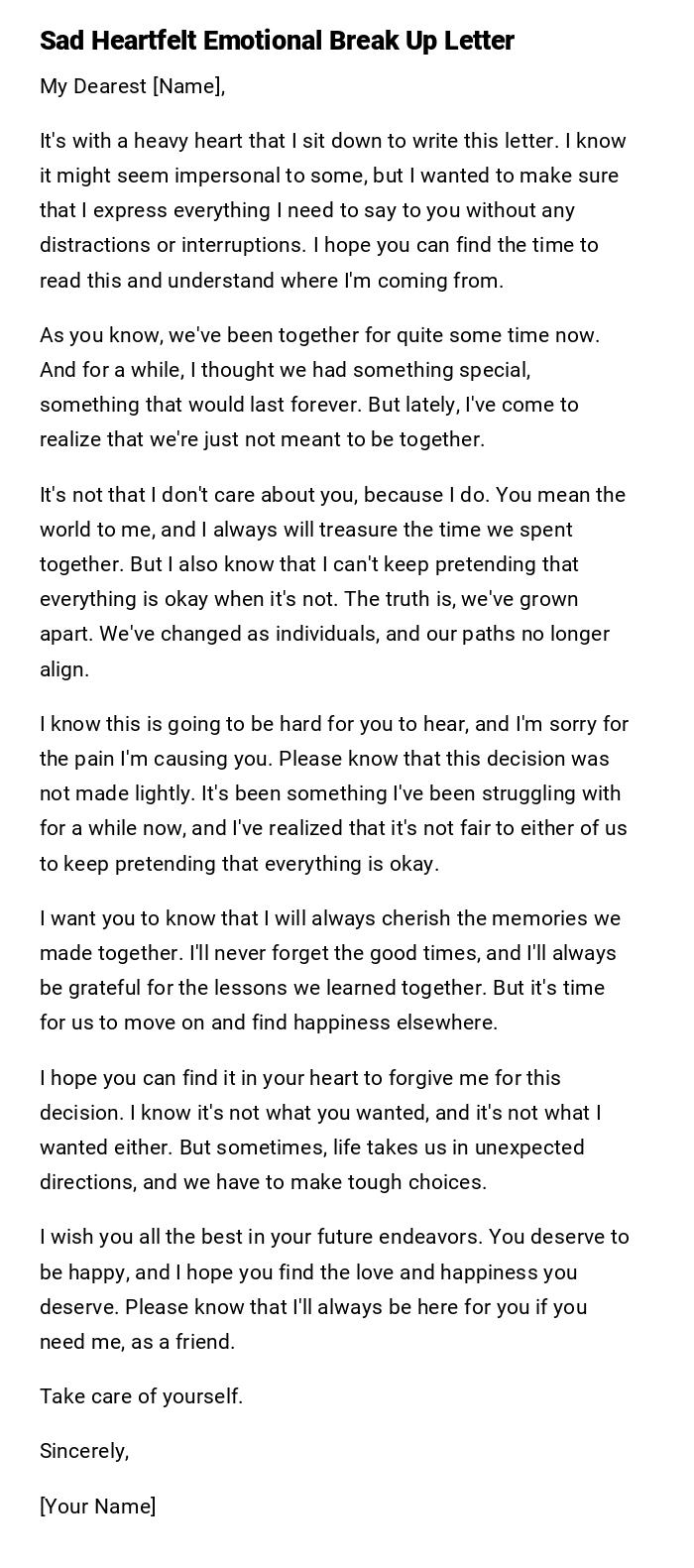 Sad Heartfelt Emotional Break Up Letter