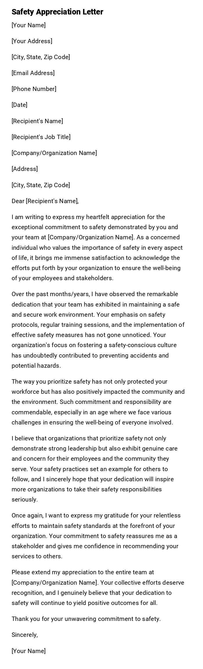 Safety Appreciation Letter