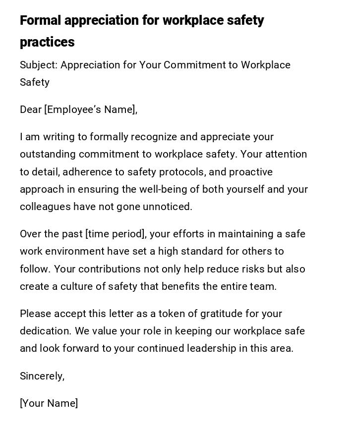 Formal appreciation for workplace safety practices Formal appreciation for workplace safety practices