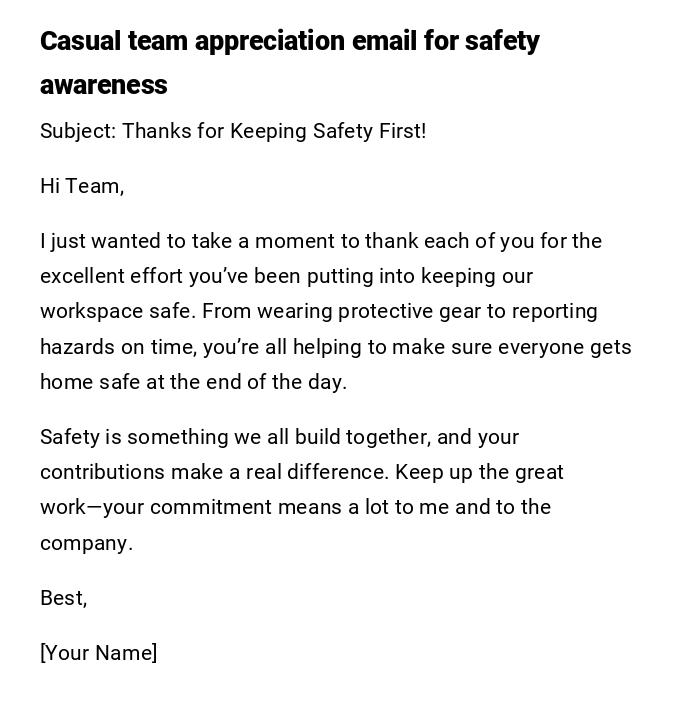 Casual team appreciation email for safety awareness Casual team appreciation email for safety awareness
