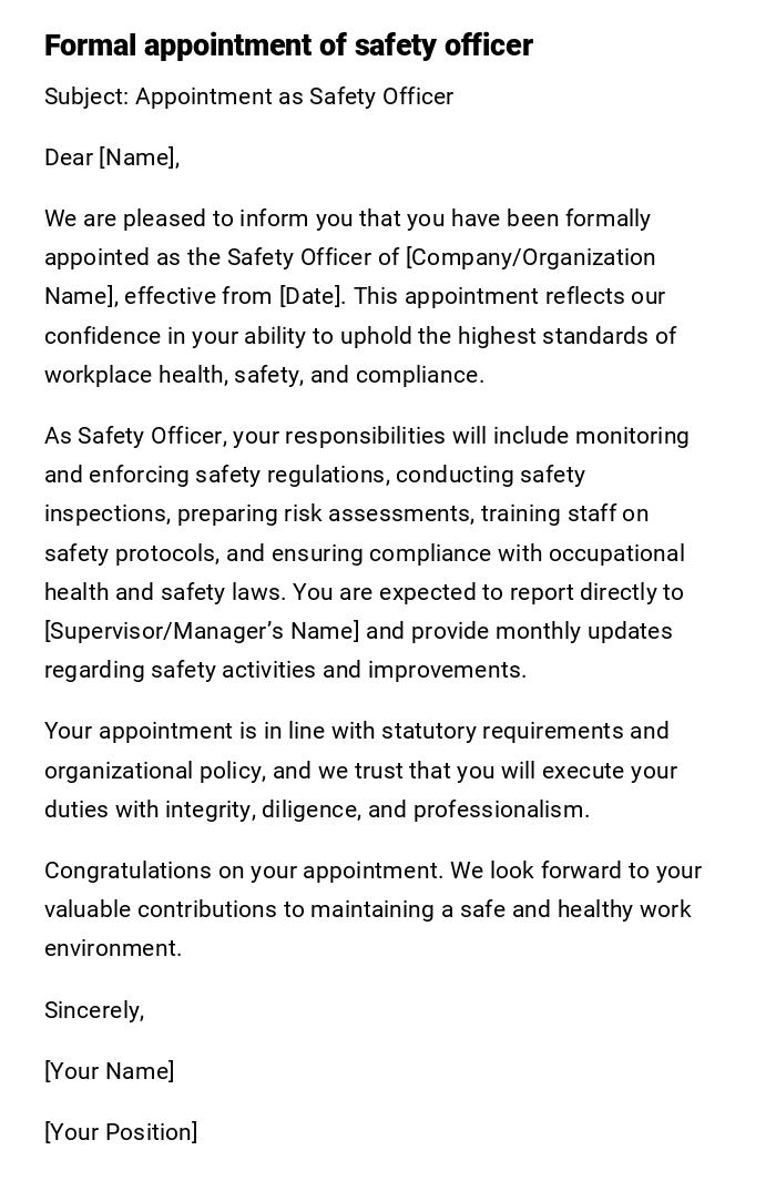 Formal appointment of safety officer Formal appointment of safety officer