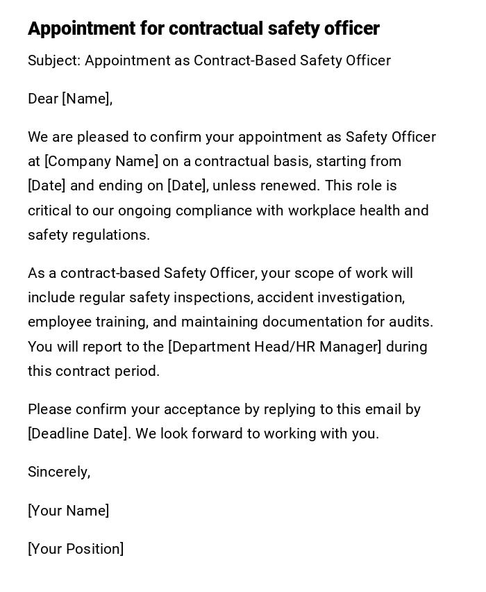 Appointment for contractual safety officer Appointment for contractual safety officer