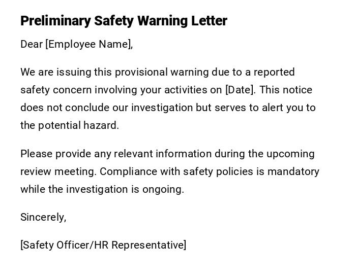 Preliminary Safety Warning Letter