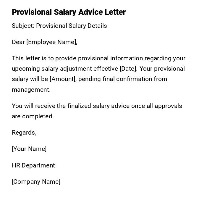 Provisional Salary Advice Letter Provisional Salary Advice Letter