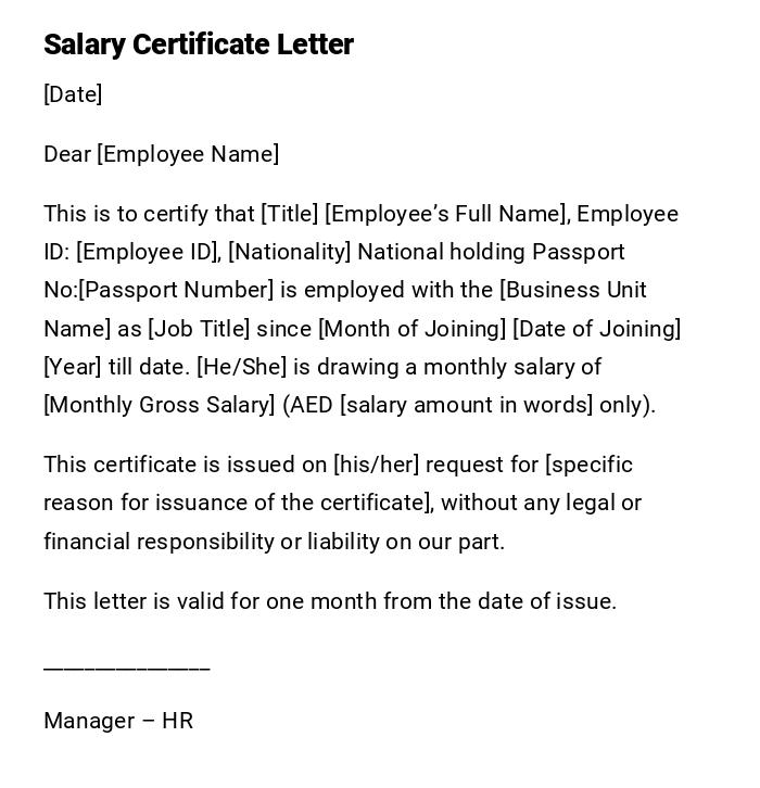 Salary Certificate Letter