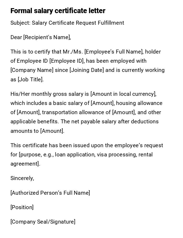 Formal salary certificate letter Formal salary certificate letter