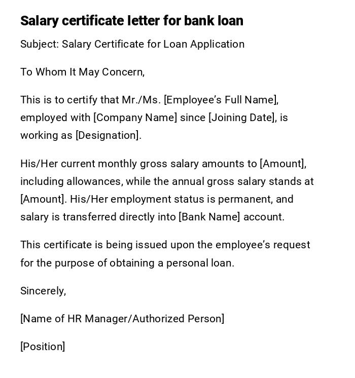 Salary certificate letter for bank loan Salary certificate letter for bank loan