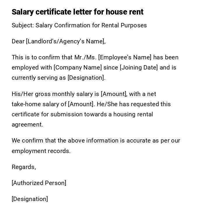 Salary certificate letter for house rent Salary certificate letter for house rent