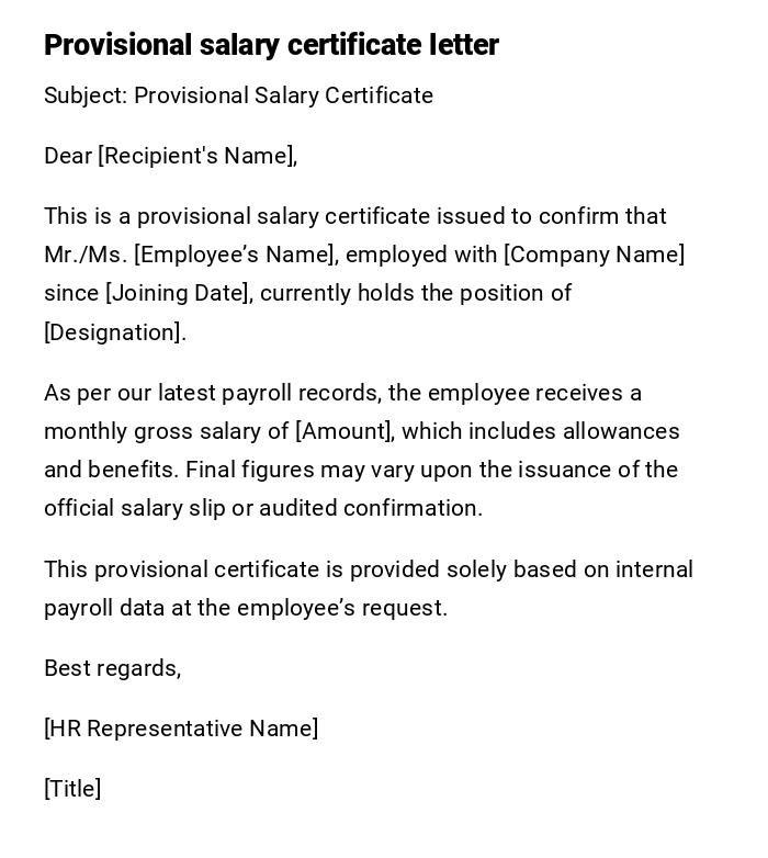 Provisional salary certificate letter Provisional salary certificate letter
