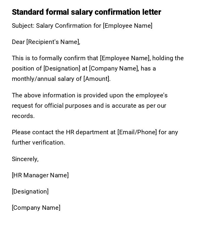 Standard formal salary confirmation letter