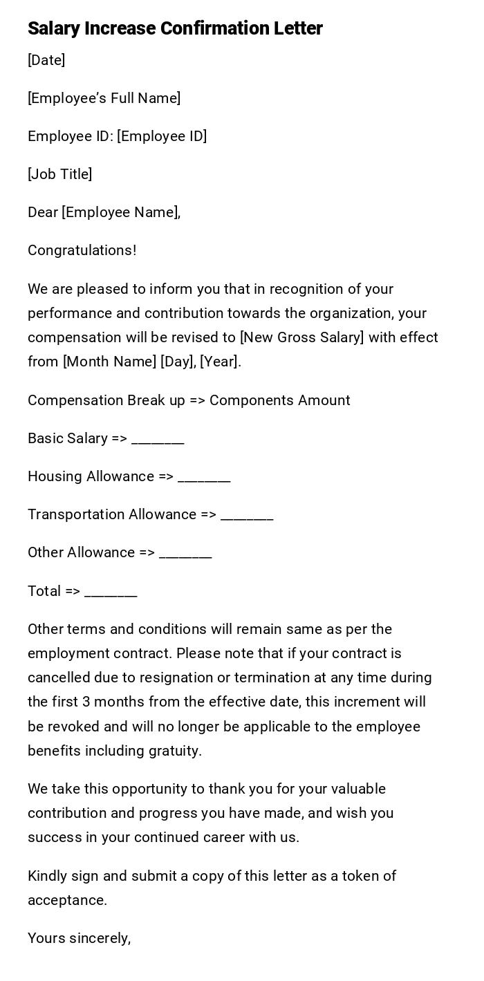 Salary Increase Confirmation Letter Salary Increase Confirmation Letter