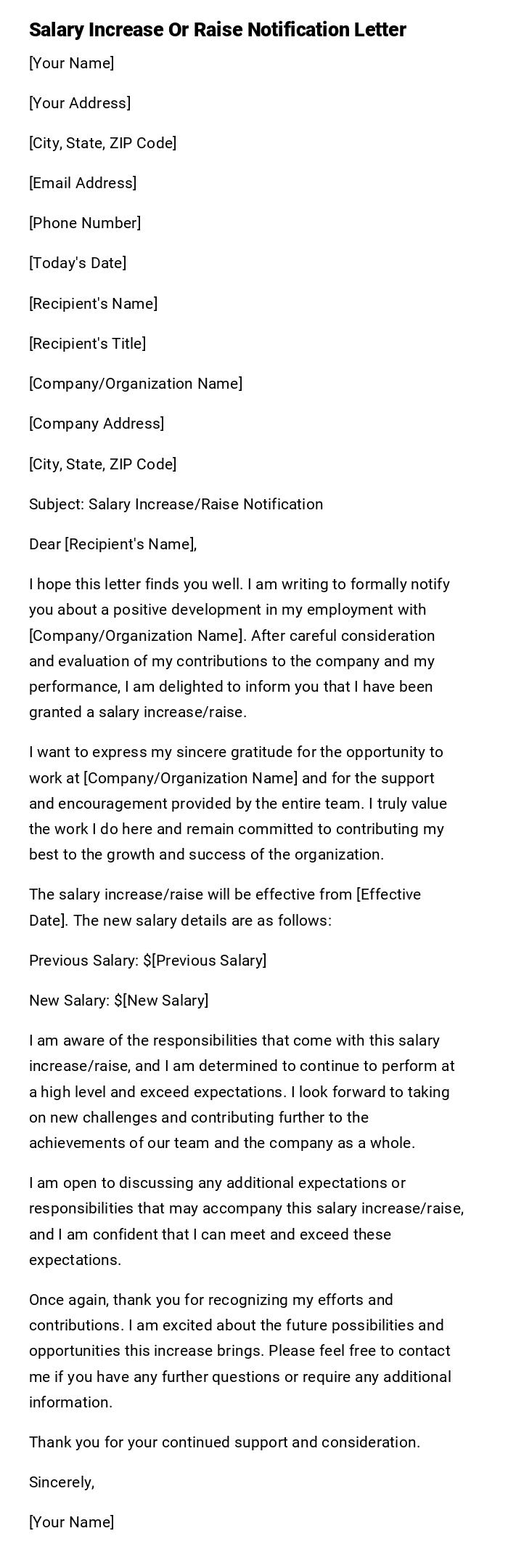 Salary Increase Or Raise Notification Letter