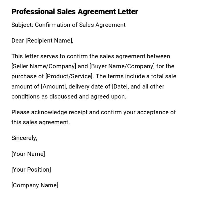 Professional Sales Agreement Letter