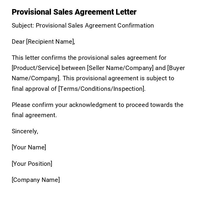 Provisional Sales Agreement Letter