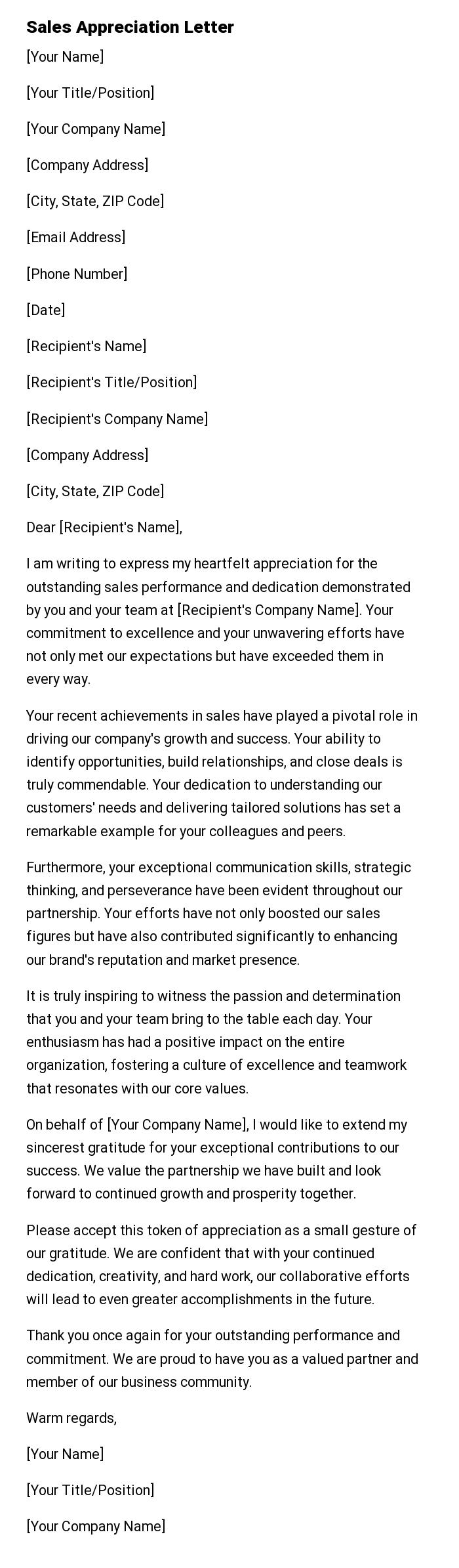 Sales Appreciation Letter
