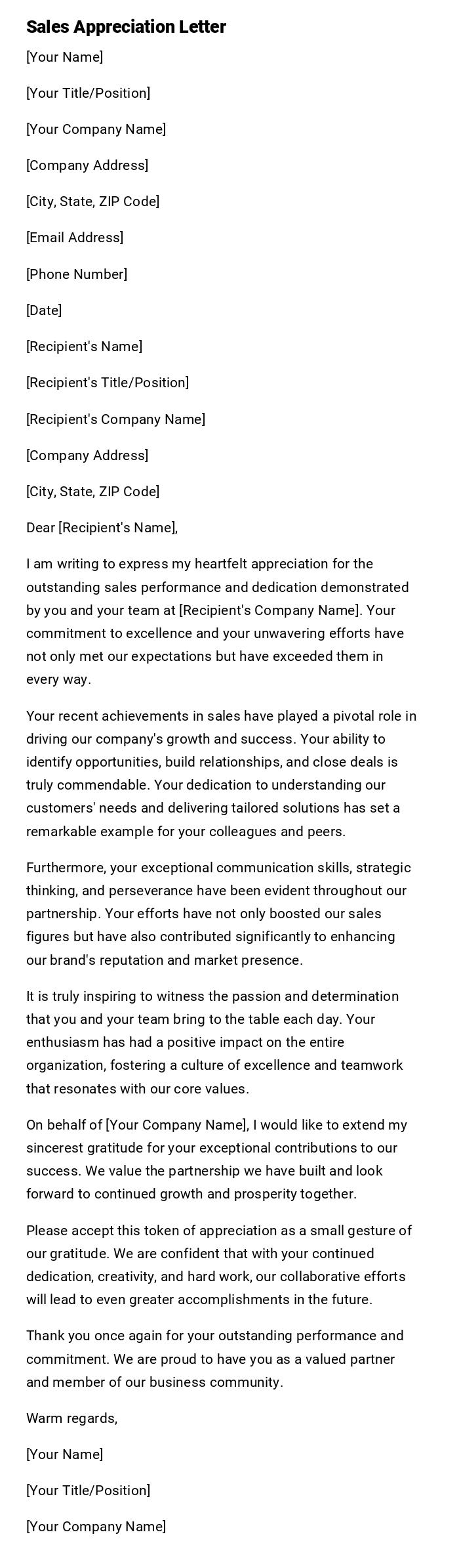 Sales Appreciation Letter