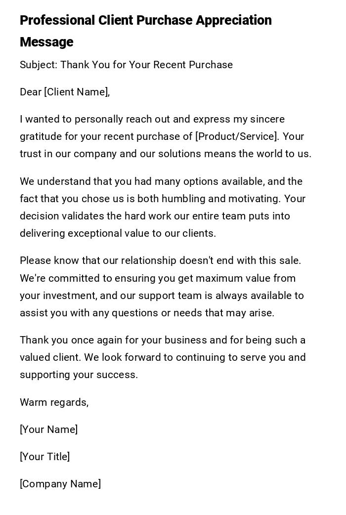 Professional Client Purchase Appreciation Message Professional Client Purchase Appreciation Message