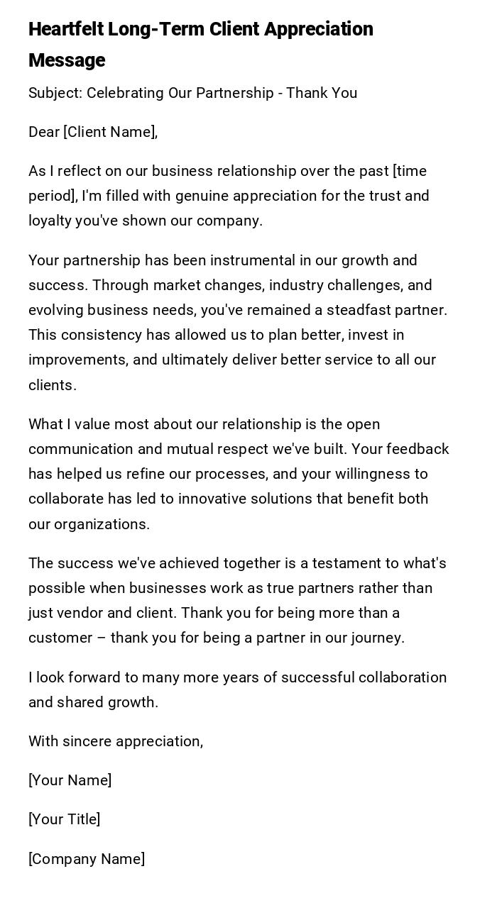 Heartfelt Long-Term Client Appreciation Message Heartfelt Long-Term Client Appreciation Message