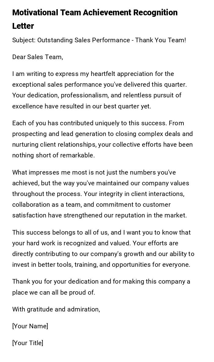 Motivational Team Achievement Recognition Letter Motivational Team Achievement Recognition Letter