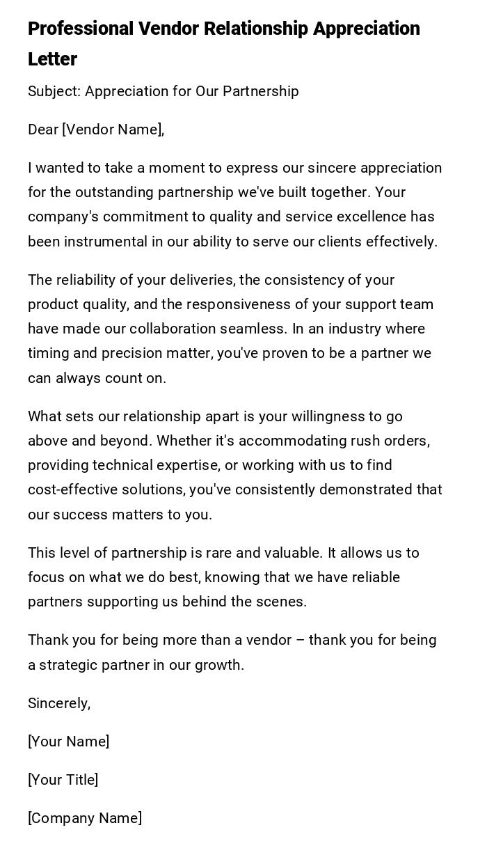 Professional Vendor Relationship Appreciation Letter Professional Vendor Relationship Appreciation Letter