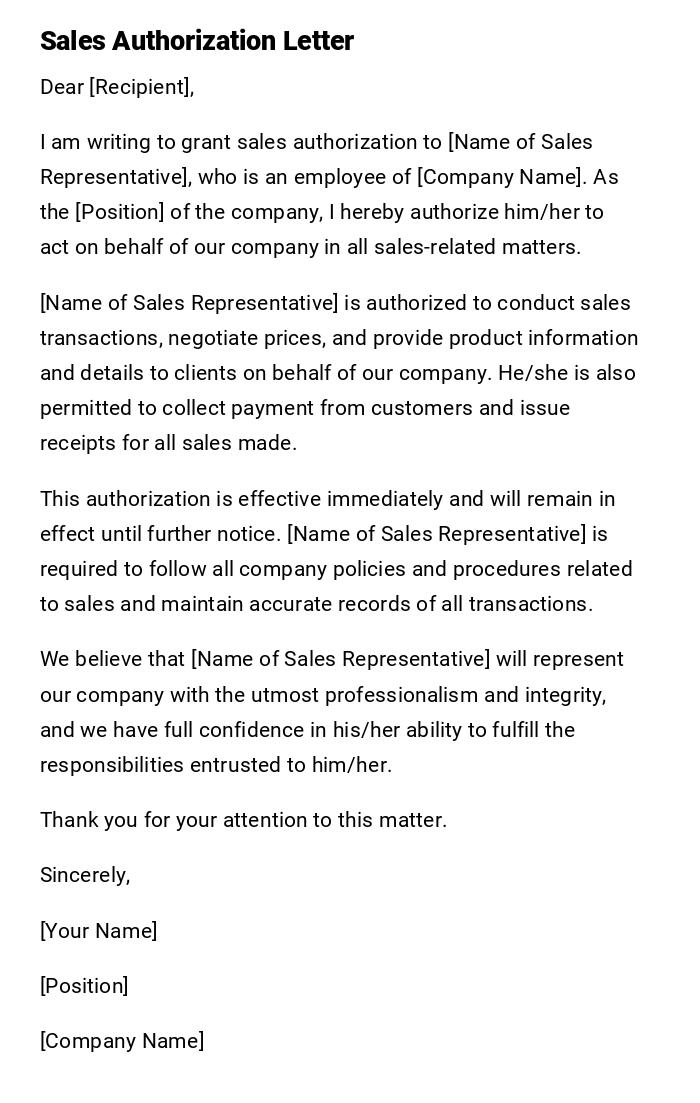 Sales Authorization Letter