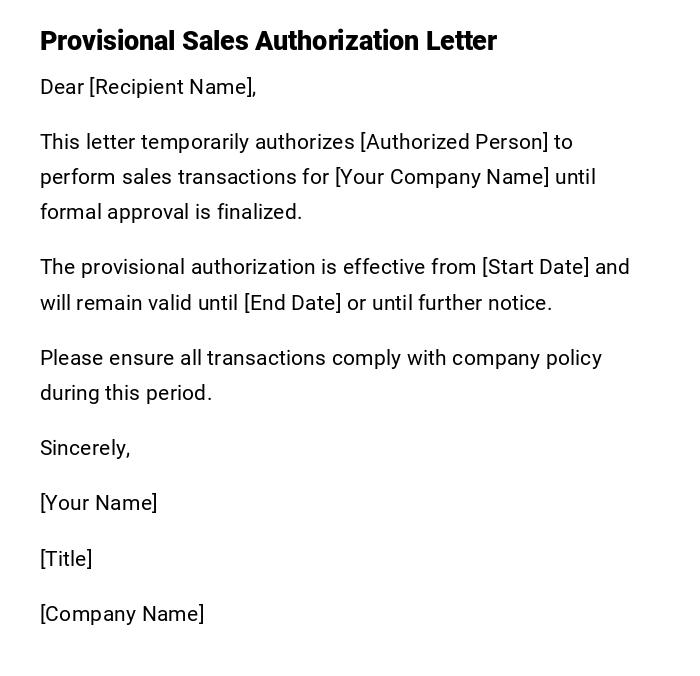 Provisional Sales Authorization Letter Provisional Sales Authorization Letter
