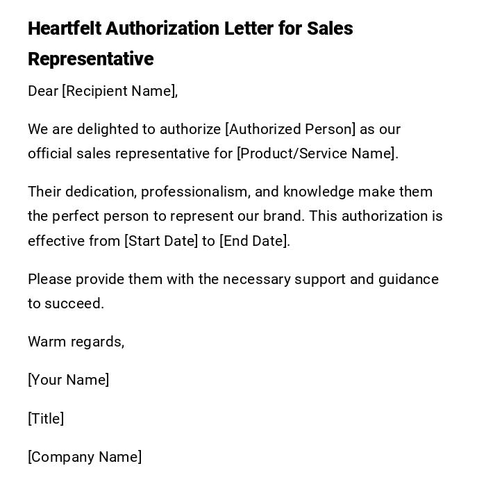 Heartfelt Authorization Letter for Sales Representative Heartfelt Authorization Letter for Sales Representative
