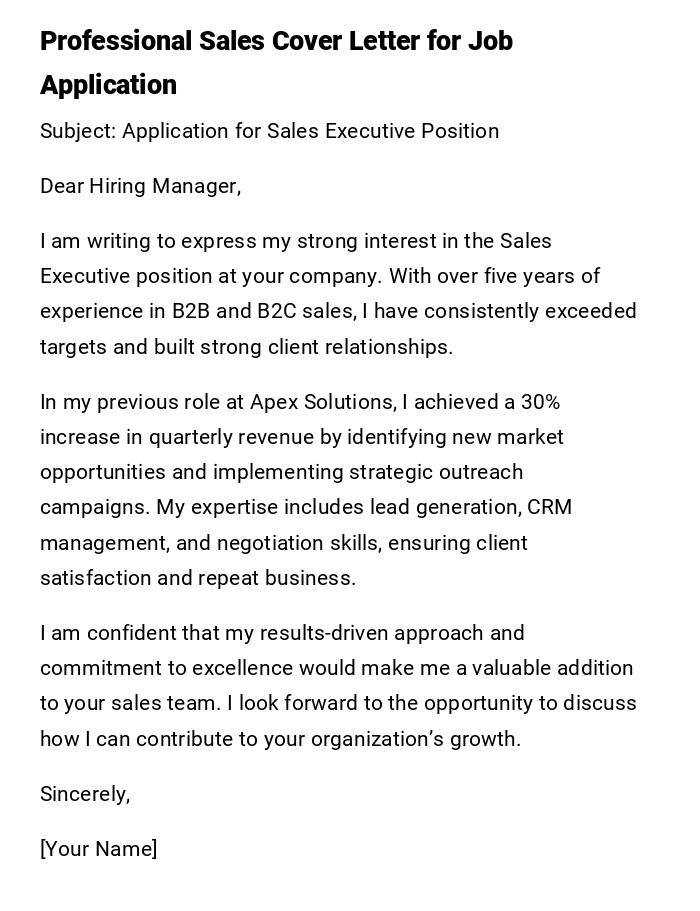 Professional Sales Cover Letter for Job Application Professional Sales Cover Letter for Job Application