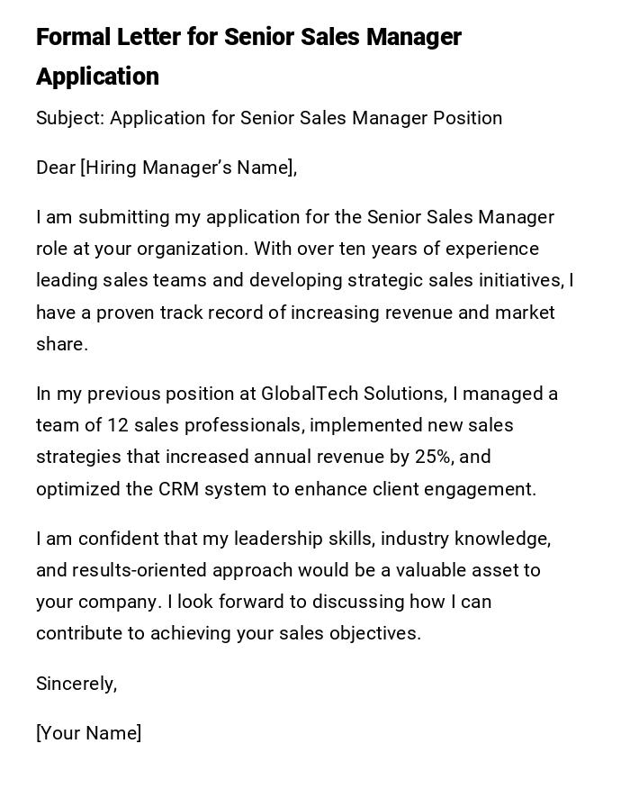Formal Letter for Senior Sales Manager Application Formal Letter for Senior Sales Manager Application