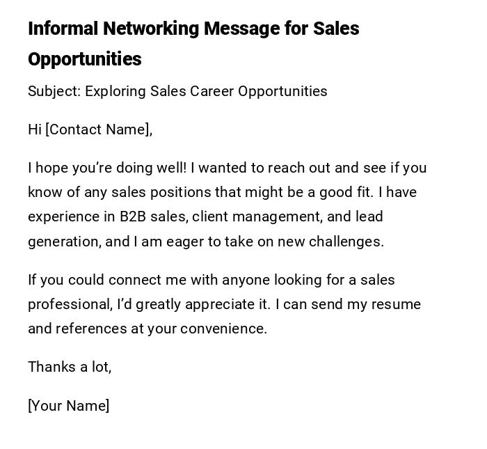 Informal Networking Message for Sales Opportunities Informal Networking Message for Sales Opportunities