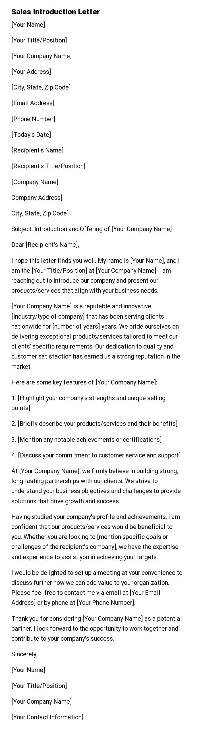 Sales Introduction Letter