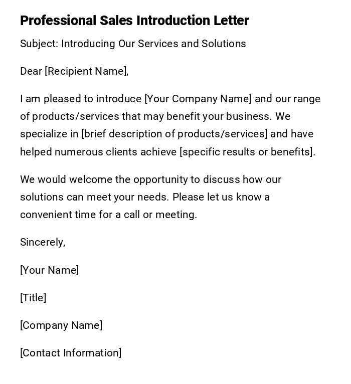 Professional Sales Introduction Letter Professional Sales Introduction Letter