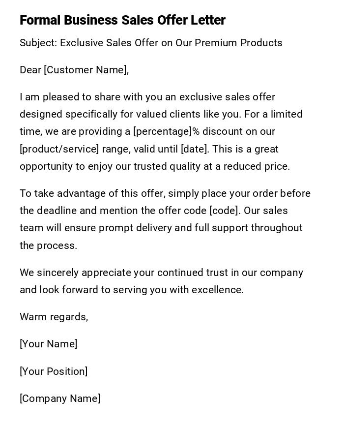 Formal Business Sales Offer Letter Formal Business Sales Offer Letter