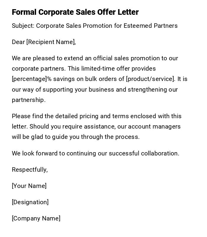 Formal Corporate Sales Offer Letter Formal Corporate Sales Offer Letter