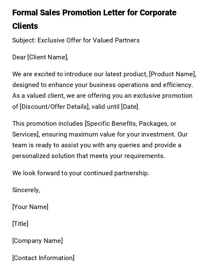 Formal Sales Promotion Letter for Corporate Clients Formal Sales Promotion Letter for Corporate Clients