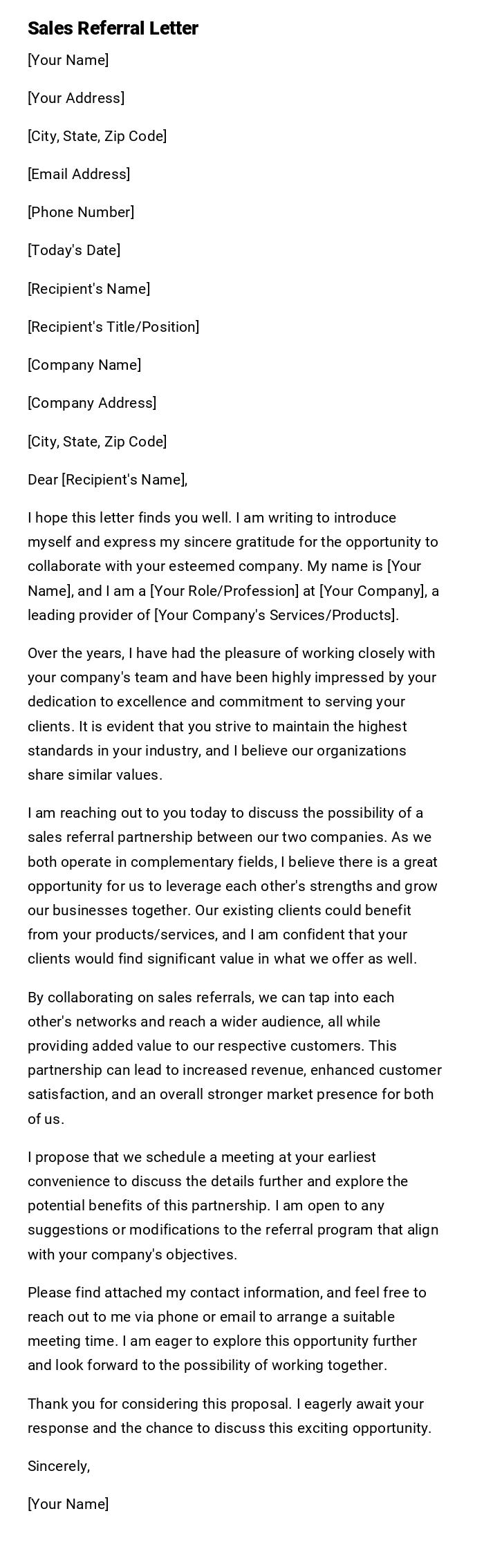 Sales Referral Letter