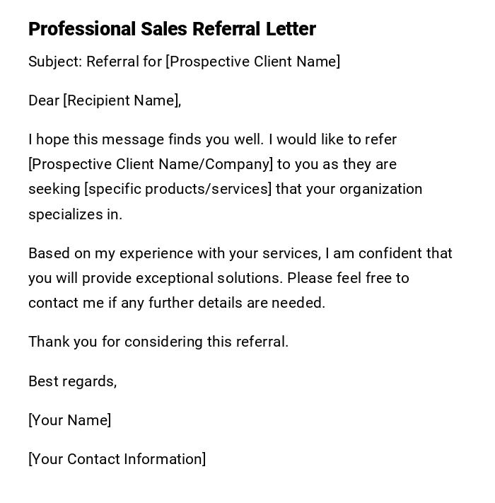 Professional Sales Referral Letter Professional Sales Referral Letter