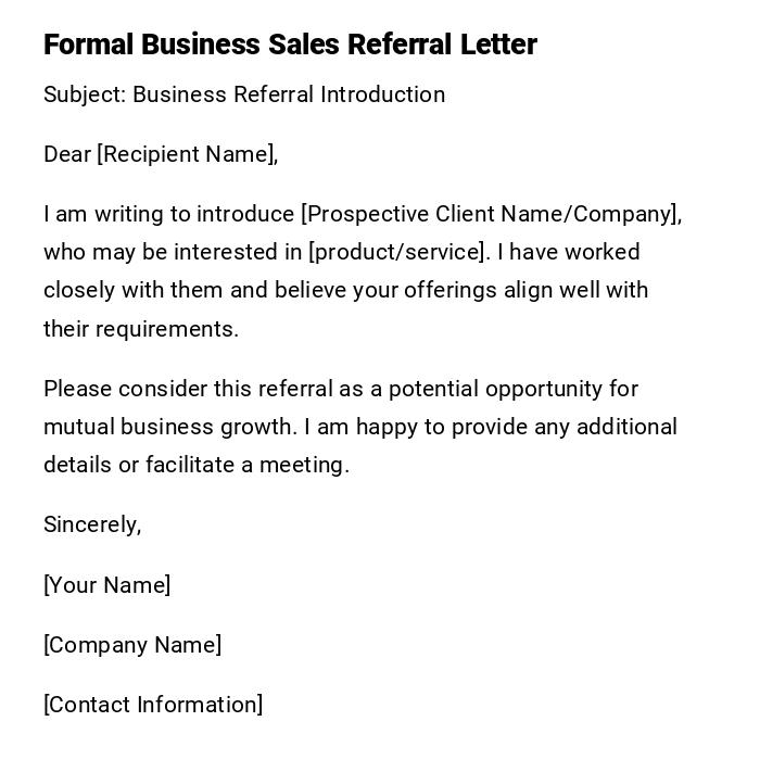 Formal Business Sales Referral Letter Formal Business Sales Referral Letter