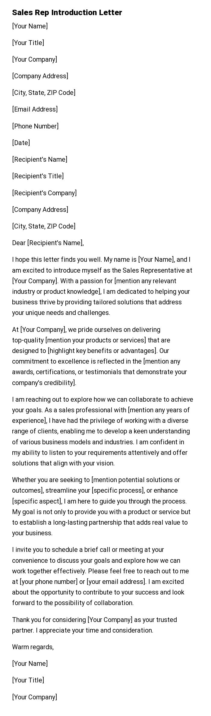 Sales Rep Introduction Letter