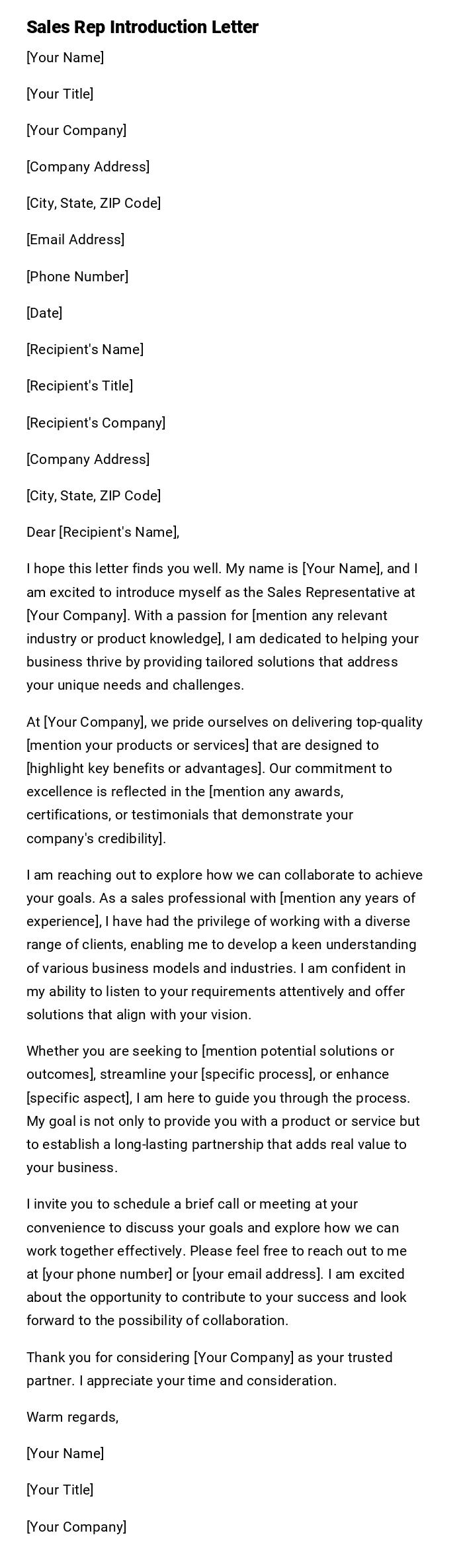 Sales Rep Introduction Letter