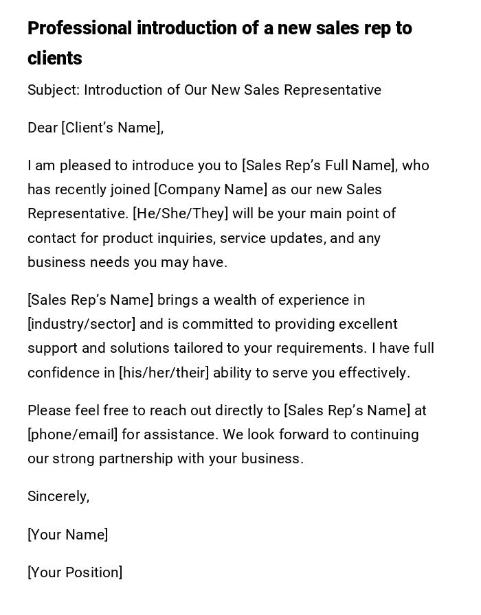 Professional introduction of a new sales rep to clients Professional introduction of a new sales rep to clients
