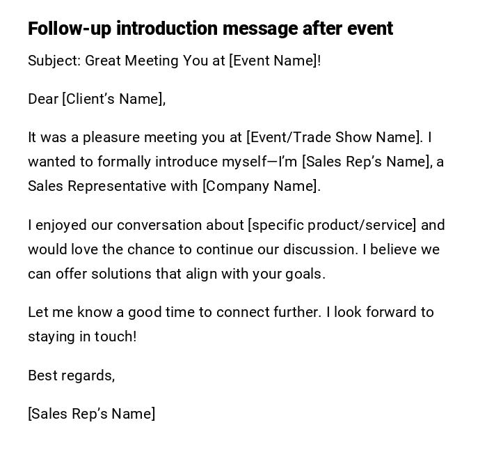 Follow-up introduction message after event Follow-up introduction message after event
